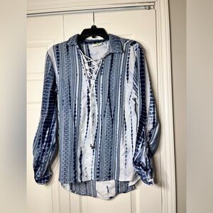Solito Dreamer Lasso Blue White Tie Front Woven Top Size Medium